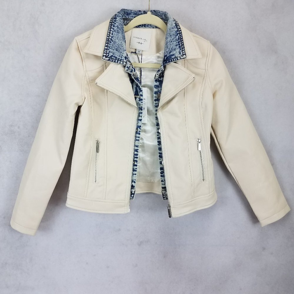 NEW Habitual Girl Size 14 Faux Leather Moto Biker Jacket Off-White / Denim $88